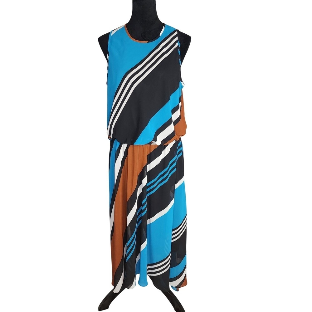 EVAN PICONE Size 14 y2k Chic Colorful Belted Chiffon Midi Halter Dress 70s inspo